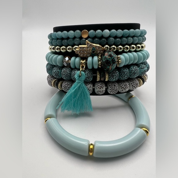 Blue Boho Chic Bead Bracelet Set - Trendy Stylish Stacked Bracelet Set - Picture 9 of 14